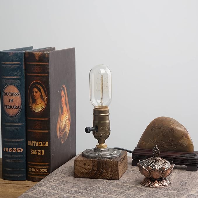 OuXean Vintage Table Lamp, Industrial Nightlight Steampunk Desk Lamp with E26 Antique Lamp Holder for Bedroom Living Room Home Art Display Cafe Bar Studio Antique Decor, Push Button(Without Bulb)