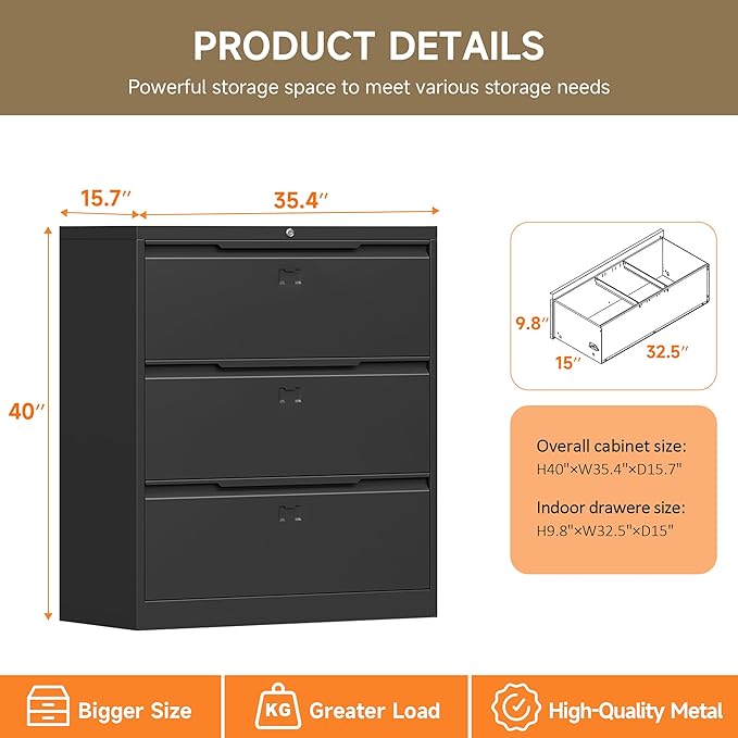 Lateral File Cabinet, 3 Drawer Lateral File Cabinet with Lock, Lockable Metal File Cabinet for Home Office, File Cabinet for Letter/Legal/F4/A4 Size (Black, 3 Drawer)