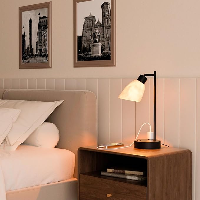 Neoglint Industrial Bedside Table Lamp, Dimmable Lamps for Bedrooms with USB A+C Ports AC Port, Vintage Moon Lampshade Desk Lamp 8W LED Bulb Bedside Nightstand Lamps for Living Room Office