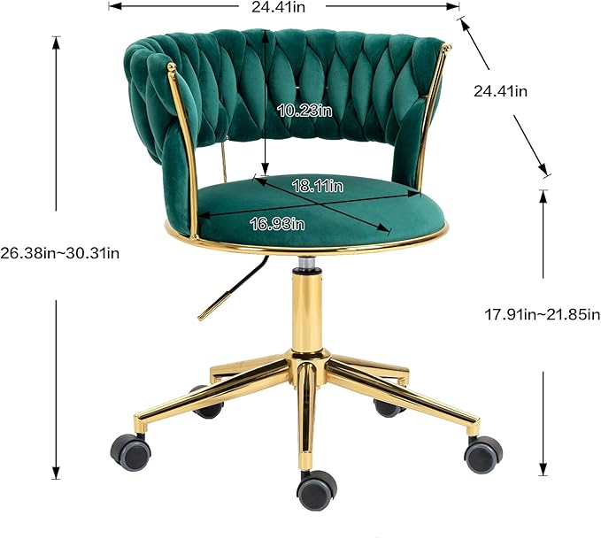 NIOIIKIT Velvet Office Desk Chair with Hand Woven Backrest, 360° Swivel & Height Adjustable Task Chairs, Makeup Chair, Living Room Chairs with Stainless Base and 5 Wheels (Emerald)
