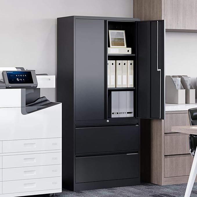 STANI 2 Drawer Lateral File Cabinet - Metal Storage Cabinet with Locking Drawers for Letter/A4 Size Files (Black)