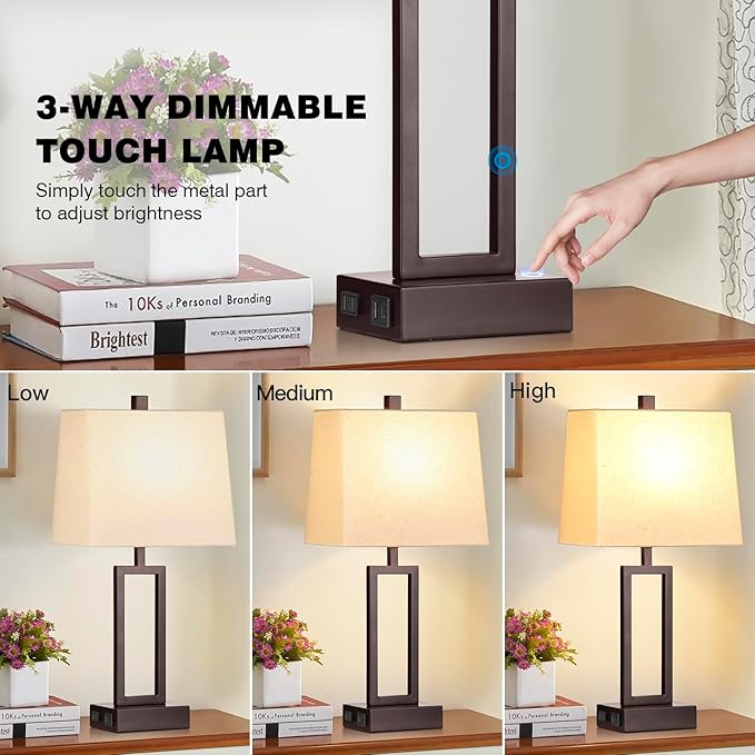 Touch Control Table Lamps Set of 2, Modern Brown Bedside Lamps with USB A+C Ports & AC Outlet, 3 Way Dimmable Contemporary Nightstand Lamps for Bedroom Living Room(LED Bulb Included)