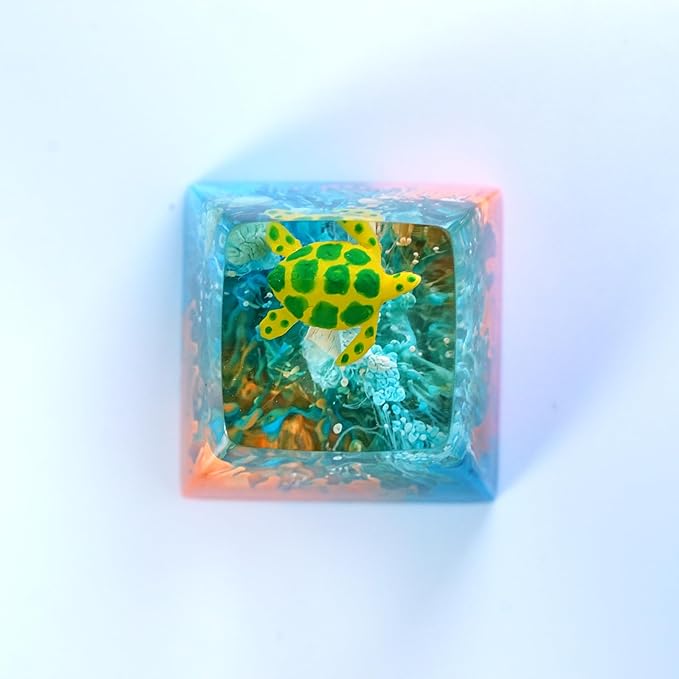 Sea Turtle Artisan Keycap Orange and Blue Coral R1 SA Profile Custom Sea Creatures Keycaps 1U ESC Handmade Gaming Ocean Resin Key Cap Cherry MX Switch Compatible Mechanical Keyboard Turtle Lover Gift