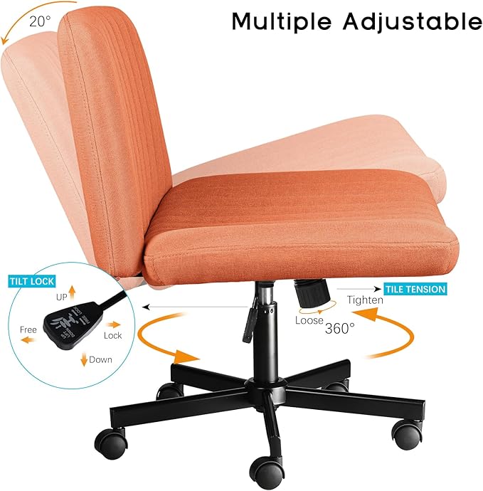 PUKAMI Criss Cross Chair with Wheels,Fabric Padded Armless Cross Legged Office Desk Chair for Home Office,Modern Swivel Height Adjustable Wide Seat,Brown