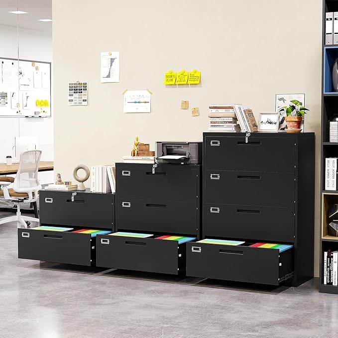 Lateral File Cabinet, Metal Filing Cabinet with Lock, 3 Drawer File Cabinets for Home Office, Office Cabinet for Hanging Files Letter/Legal/F4/A4, Assembly Required, Black