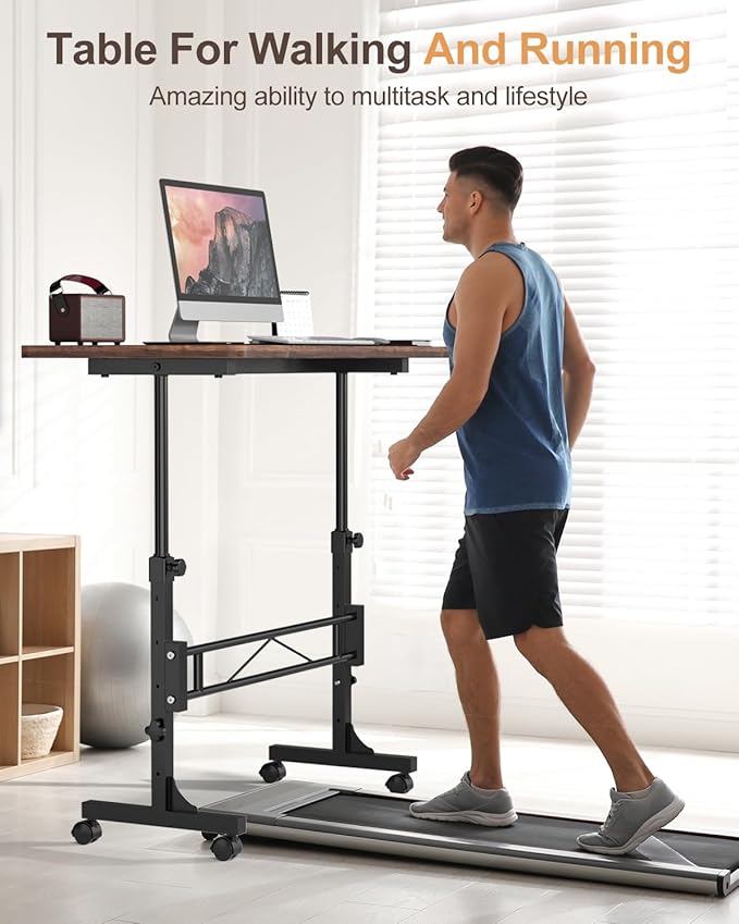 Small Standing Desk Adjustable Height, Mobile Stand Up Desk with Wheels, 32 Inch Portable Rolling Desks for Walking Pad Treadmill Wood Rustic