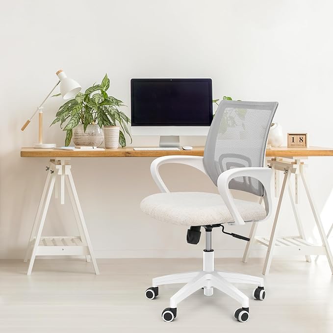Office Chair with Ergonomic Mid Back Cushion Lumbar Support Adjustable Swivel Rolling Computer Gaming Desk Chair Comfy Mesh Seat Wheels Home Executive Use (1, Ivory)