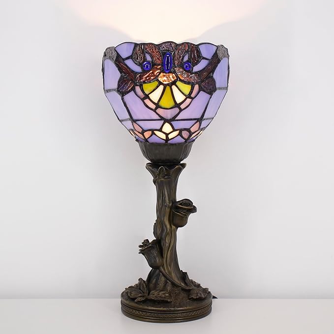 Small Tiffany Lamp Stained Glass Table Lamp Desk Uplight 6X6X13.5 Inch for Bedroom Bedside Office (Blue Baroque)