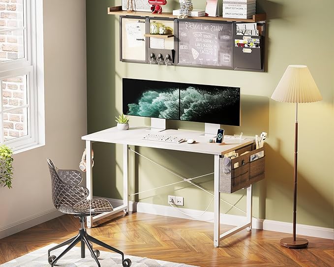 KKL Small Desk with Power Outlets and USB Port Computer Desk for Home Office Gaming Simple Modern Style Writing Desks with Storage Bag Headphone Hook, 40 inch, White