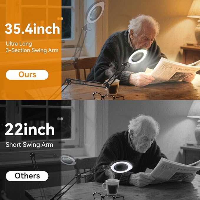 Ultra Long 12X Magnifying Glass with Light and Stand|Magnifying Lamp with 3-Section Swing Arm,5 Color Modes LED Lighted Magnifier Lamp for Workbench/Craf