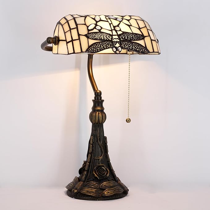 Tiffany Banker Lamp Small Stained Glass Table Lamp Tiffany Style Piano Light Cream Dragonfly Style Desk Lamp Angle Adjustable 10.6X15.7 Inch for Home Office Living Room Bedroom