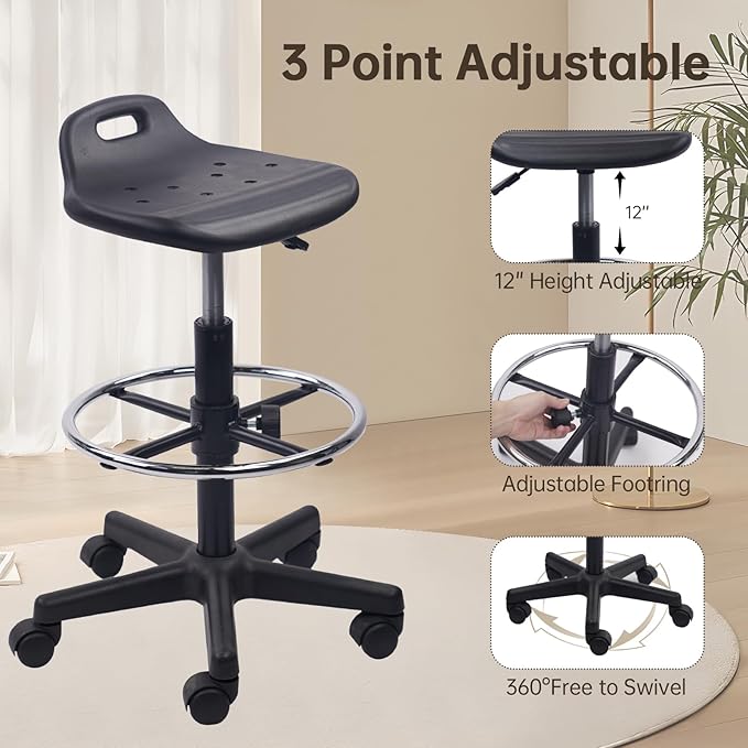 Adjustable Height Drafting Rolling Stool with Foot Rest Breathable Seat Cushion Swivel Chair, Multi-Purpose Work Stools for Nail Salon Office Bar Lab Counter Barber Kitchen Shop Black, 2PK