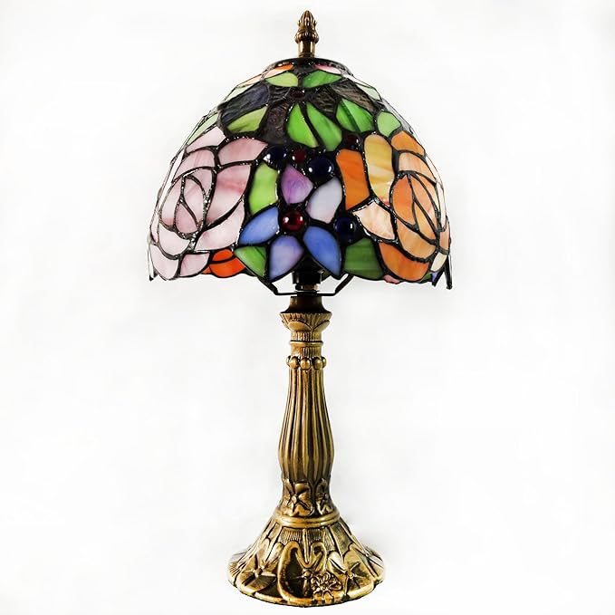 Small Tiffany Table Lamp 8 Inch Tiffany Style Desk Lamp Stained Glass Antique Light Decoration Bedroom Bedside Lamp Retro Reading Lamps (Yellow Pink Roses Style)