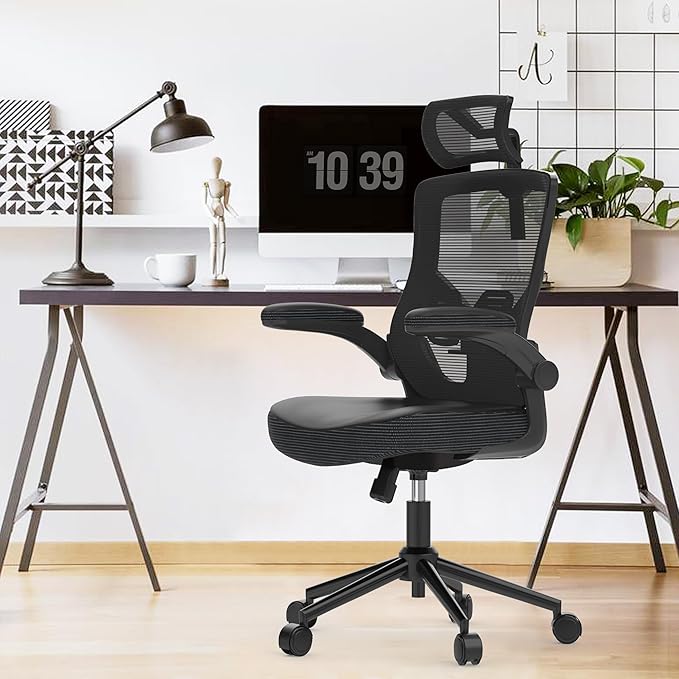Home Office Chair, Ergonomic Comfy Desk Chair, High Back Computer Chair- Adjustable Headrest with Flip-Up Arms, Lumbar Support, Swivel Executive Task Chair (Modern, Black)
