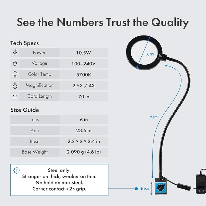 Magnetic Work Light, Led Machine Light with Magnifying Glass, 23.5in Flexible Gooseneck Magnetic Base Lamp for Steel Lathe and Drill Press, 3400Lux 10.5W 110V