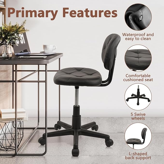 Rolling Stool Chair with PU Leather Backrest and Adjustable Height for Computer Home Standing Desk 2 Pack