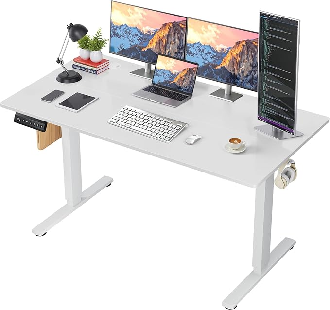 55 x 24 in Electric Standing Desk - Memory Height Adjustable Ergonomic Sit-to-Stand Rising Computer Table Gaming Workstations with 2 Hooks and Wire Hole for Home Office, White