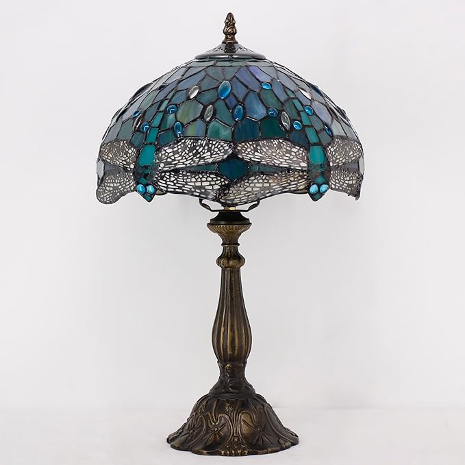 Tiffany Lamp Touch Control Table Lamp Sea Blue Stained Glass Desk Lamp 12X12X19 Inches Dragonfly Style Reading Light