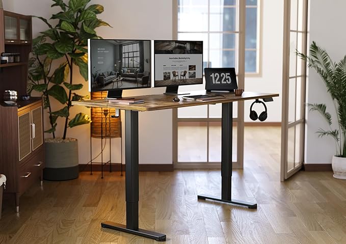 YDN Standing Desk, Electric Adjustable Height Stand up Desk, 63x24 Inches Sit Stand Home Office Desk with Splice Board, Rustic Brown Top