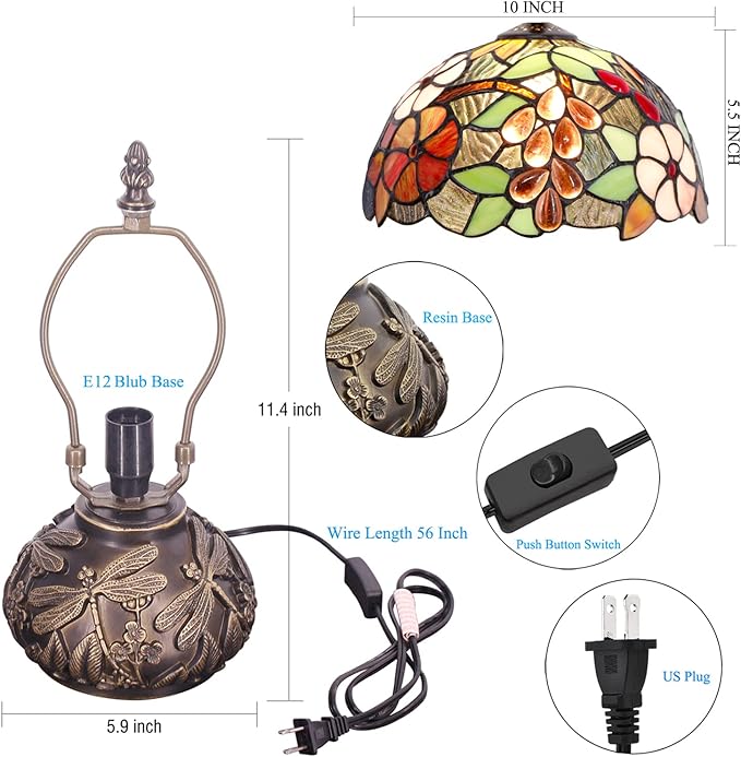 Small Tiffany Table Lamp Brown Grape Style Stained Glass Desk Lamp 10X11.5 Inch Mushroom Table Light for Office Home Living Room Bedroom