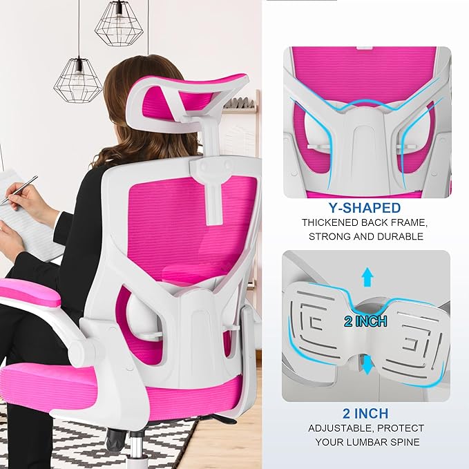 Ergonomic Office Chair with Adjustable Headrest & Lumbar Support - High Back Desk Chair with Flip-Up Arms, 360 Swivel Executive Computer Task Chair (Modern, Neon Pink)