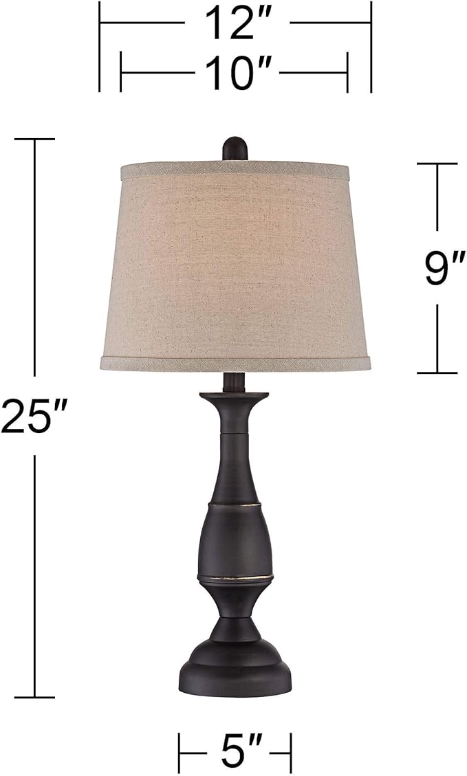 Regency Hill Ben Farmhouse Traditional Table Lamps 25" High Full Size Set of 2 Dark Bronze Brown Metal Beige Linen Drum Shade Decor for Living Room Bedroom House Bedside Nightstand Home Office