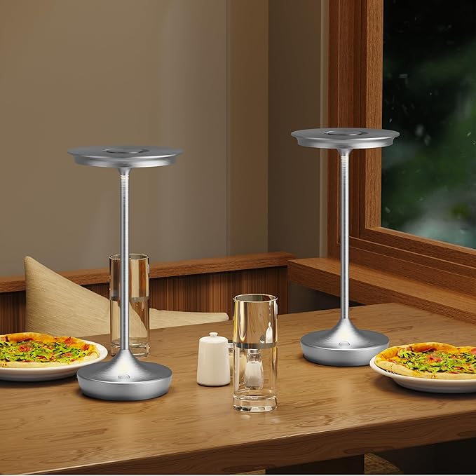 LED Cordless Table Lamp Rechargeable - Outdoor 6000mAh Battery Operated Portable Table Lights 3 Color Stepless Dimming Table Lamps with Memory Function for Patio Restaurant Dining Silver