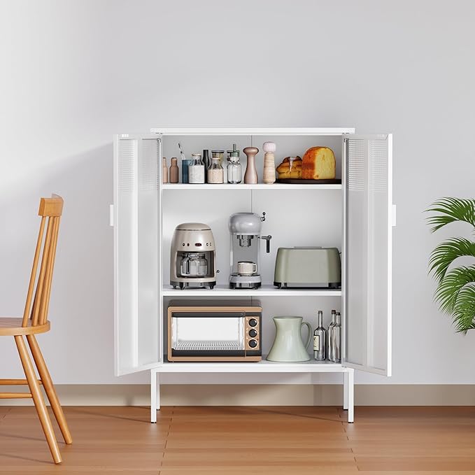 2 Door Accent White Metal Storage Cabinet with Adjustable Shelves and Air Vent Doors, 3 Tier Metal Sideboard Cabinet for Home, Office, Entryway, Hallway, Assembly Required, (LC-WGG-W)