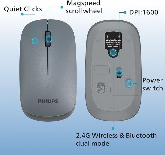 PHILIPS Professional Business Wireless & Bluetooth Silent Mouse - Classic 3-Button Design, 1600 DPI,3-Channel Technology Pebble Mice - Slimmer & Lighter, Comfortable & efficient for PC/laptops/Pad