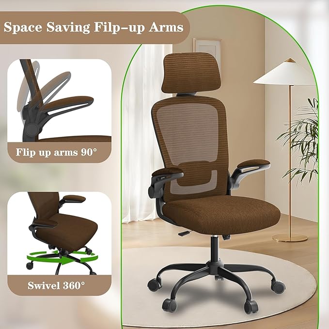 Ergonomic Mesh Home Office Chair | High Back Computer Desk Chair with Adjustable Lumbar Support & Headrest | Swivel Task Chair with Flip-Up Armrests for Home & Office, Brown