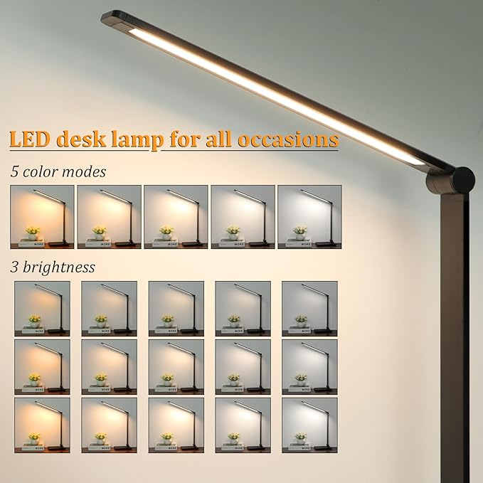 LED Desk Lamp with USB Ports,Touch Desk Lamps for Home Office with 5 Color Modes,3 Brightness Desk Light with Small Night Light,Reading Lamp Table Lamp for Bedroom Bedside Study Black (with adapter)