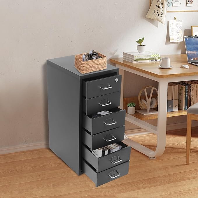 6 Drawers Rolling File Cabinet, Black Metal Filing Cabinets with Lock, 27 inch H Vertical Filing Cabinet Under Desk for Home Office, Heavy Duty Metal Storage Cabinet for A4/Letter/Legal Size File