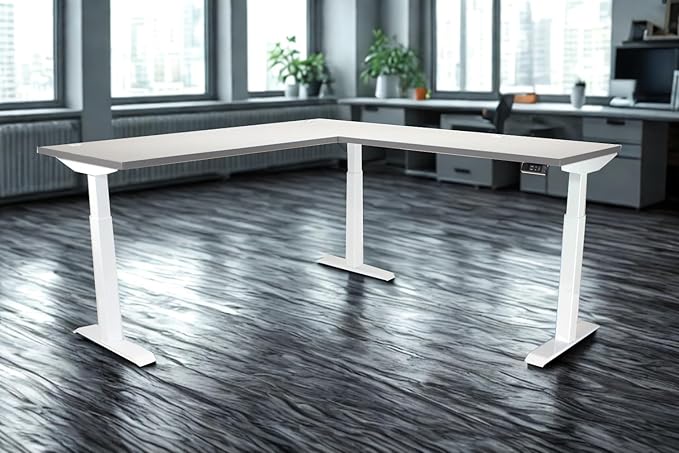 Lift It, Electric Sit Stand Height Adjustable 72"x30" I 48"x24" L-Shape Office Desk for Office or Home, Dual Motor and 4 Memory Digital Control with USB Charging, Grey Pattern Top, White Frame