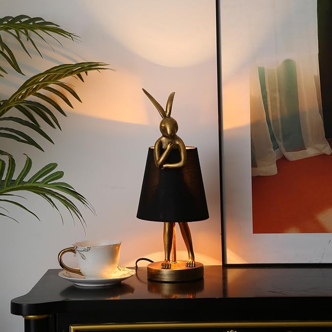 LED Bunny Table Lamp, Resin Animal Rabbit Desk Light with Linen Shade, 15.7 Inch Decorative Lamp for Bedroom, Office & Kids Room (15.7" Black Shade)