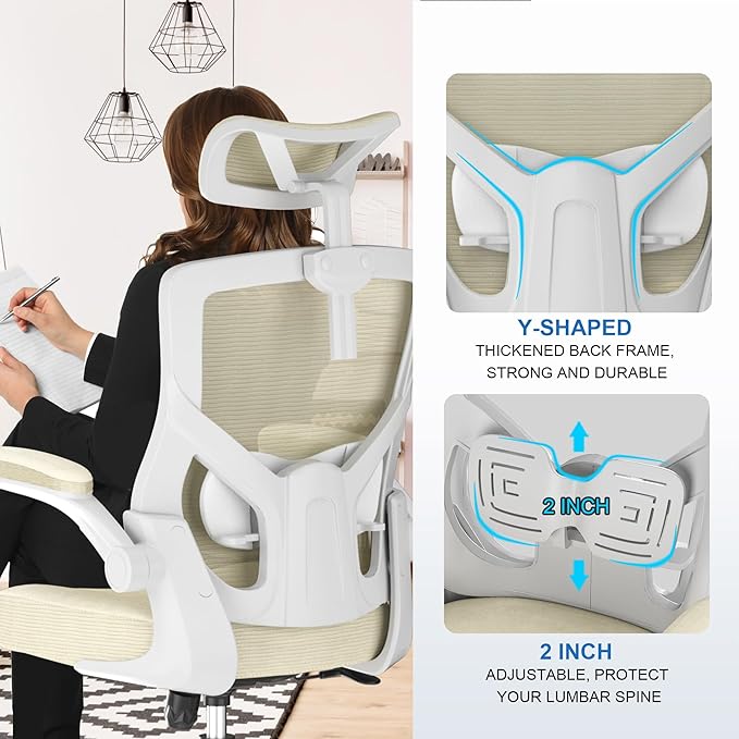Ergonomic Office Chair with Adjustable Headrest & Lumbar Support - High Back Desk Chair with Flip-Up Arms, 360 Swivel Executive Computer Task Chair (Modern Beige)