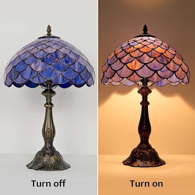Tiffany Style Table Lamp Vintage Stained Glass Desk Lamp Deep Blue Purple Fish Scales Bedside Reading Light Decor Bedroom Living Room Home Office D12 xH18