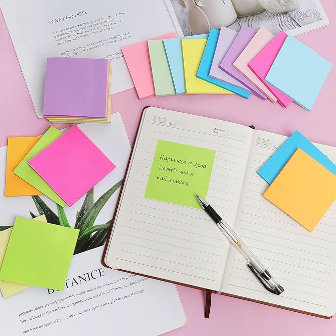 (24 Pack) Sticky Notes 3x3 in Post, Self-Stick Notes Pads 12 Bright Colors Sticky Note, Strong Adhesive, Recyclable, Easy to Post for Home, Office, Notebook