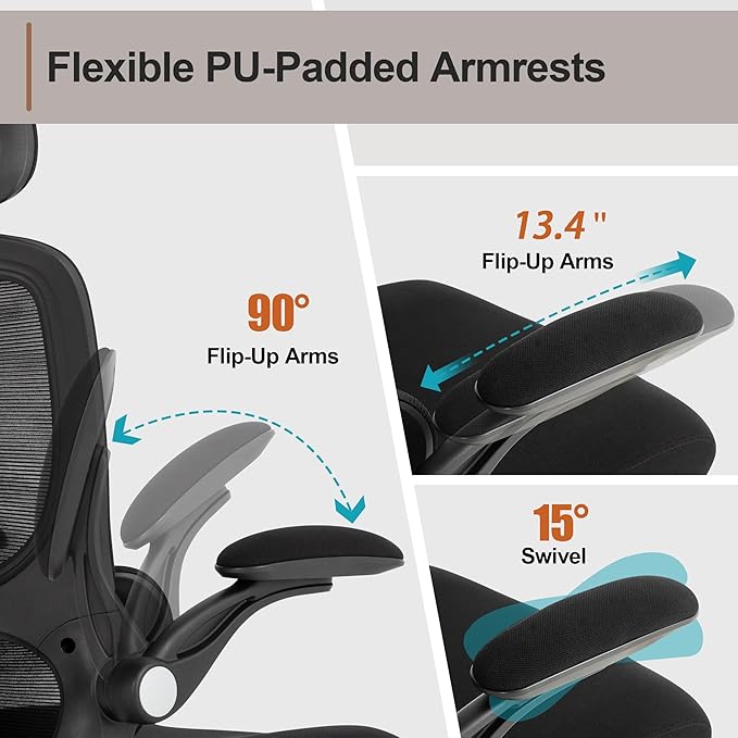 Ergonomic Office Chair,Home Mesh Office Desk Chairs,High Back Chair 330 LBS,Swivel Computer Task Chair with Adjustable Lumbar Support,Up&Down Flip-Up Arms,Rocking Function (Black)