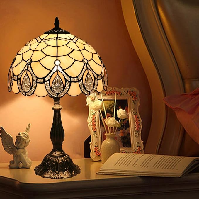 Tiffany Style End Side Table Lamps, Modern Bedside Nightstand Stained Glass with Crystal Large Farmhouse Table Lamp for Bedroom,Living Room Home Office Desk Lamp+LED Bulb,12X12X20INCH