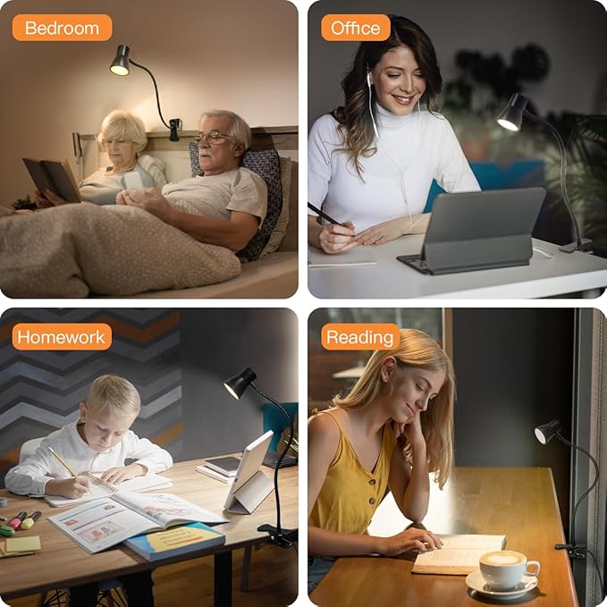 LUJOLUMIN Clip Desk Lamp, USB Reading Light, Flexible Neck Led Clamp Light with 3 Color Temperature Options, 10 Dimmable Brightness Levels for Working, Studying (8W)