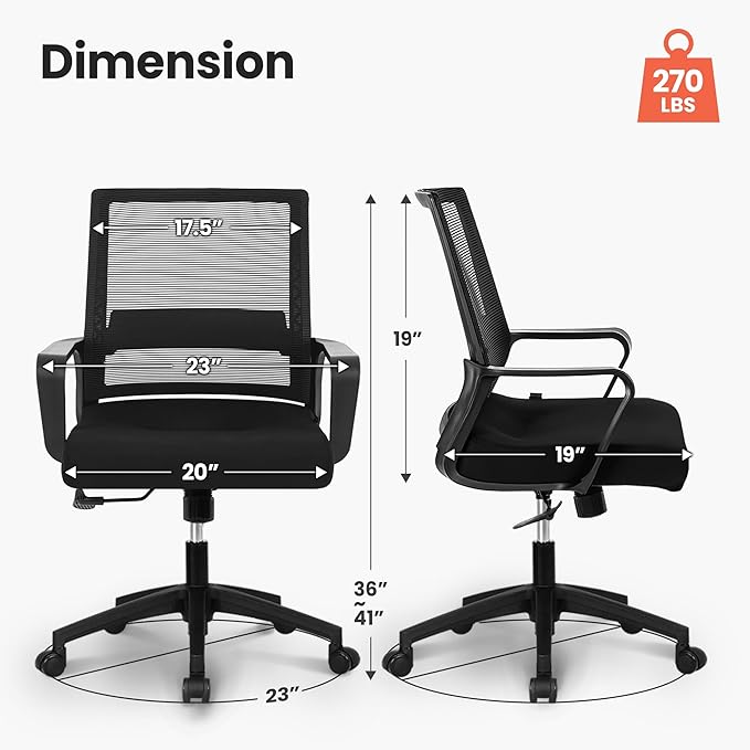NEO CHAIR Office Chair Gaming Desk Computer Chair Ergonomic Mesh Mid Back with Wheels Lumbar Support Comfy Swivel Adjustable for Home (Black)