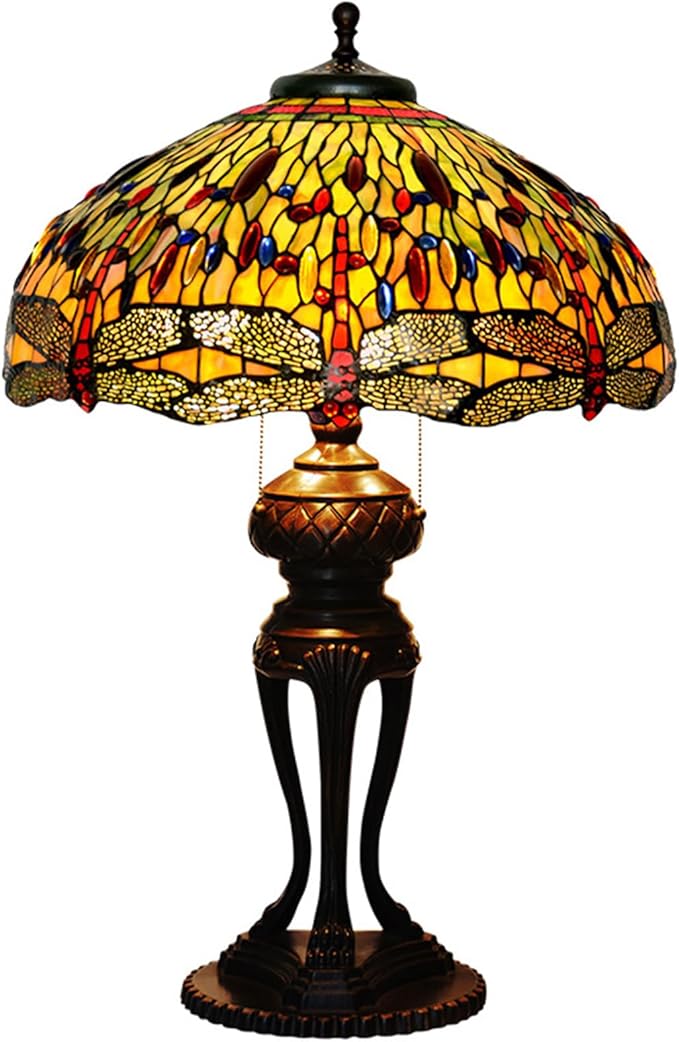 Tiffany Lamp Table Lamp Rose Dragonfly Tulip Wisteria Grape Peach Kapok Peony Apple Flower Design Stained Glass Lampshade Desk Lamp for Girl Living Room Iron Base W20 XH32,Dragonfly