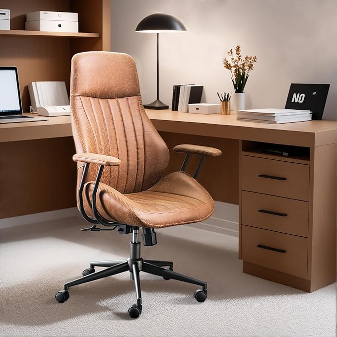 ovios Ergonomic High Back Office Chair, Mid-Century Modern Faux Suede Leather Chair with Padded Armrests, Comfy Executive Computer Task Swivel Rolling Chairs, Brown