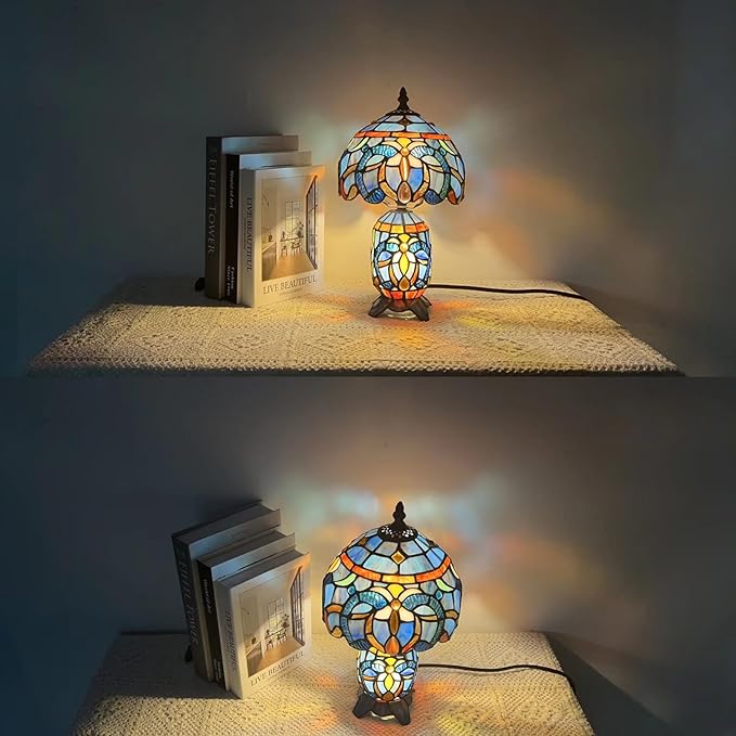 Small Tiffany Lamp Stained Glass Table Lamp Mini Mother Daughter Vase Desk Accent Night Light for Bedroom Bedside Reading Home Antique Style 8X14 Inches (Blue Purple)