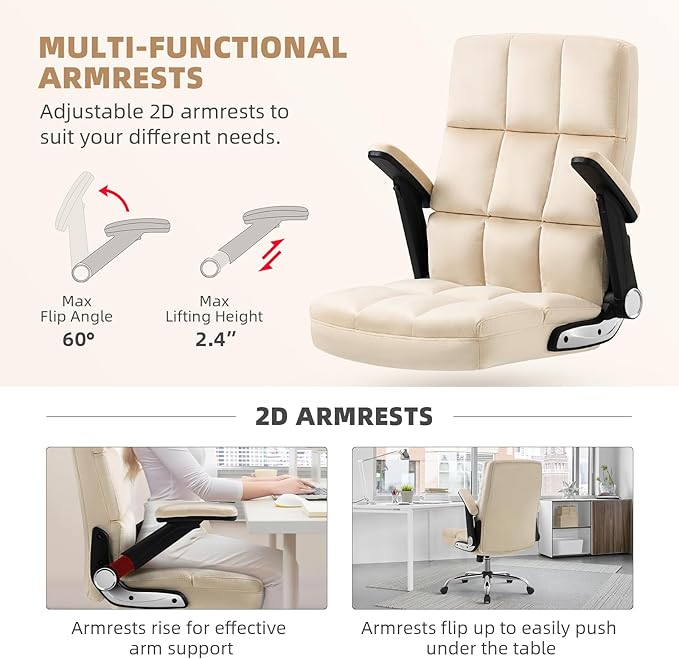 SEATZONE Executive Office Chair,Comfortable Soft Velvet High Back Computer Chair,Swivel Work Chair with Flip-up Armrests Adjustable,Beige