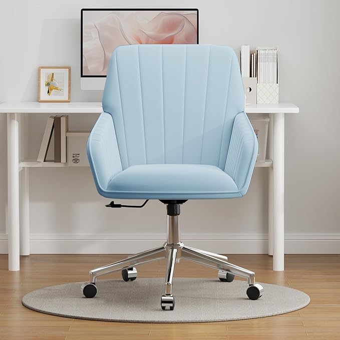 YISHENG Velvet Office Desk Chair with Silver Base, with Wheels,Modern Height Adjustable 360 Degree Swivel Upholstered Vanity Chairs with Arms for Living Room Bedroom,Light Blue