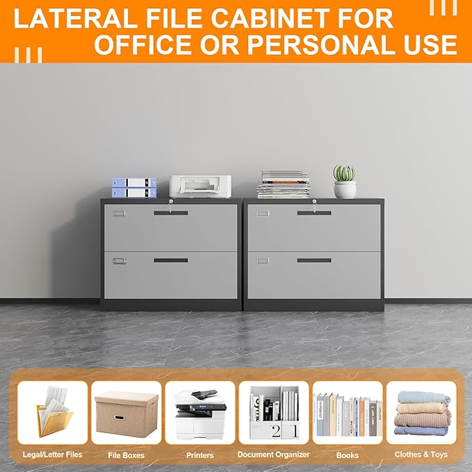 Lateral File Cabinet, Metal Filing Cabinet with Lock, 2 Drawer File Cabinets for Home Office, Office Cabinet for Hanging Files Letter/Legal/F4/A4, Assembly Required, Black Grey