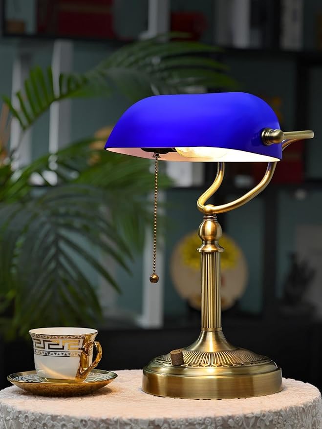 Newrays Blue Glass Bankers Desk Lamp, Stepless Dimmable Table Lamp Plug in Fixture for Study, Home Office, LED Bulb Included