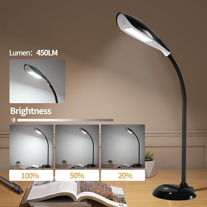 Desk Lamp, LED Eye-Caring Table Lamp, Study Lamps with Flexible Goose Neck for Bedroom, Eye-Caring Light, 3 Brightness 360° Rotation Touch Table Gooseneck Lamp, Bright for Bedroom, Study, Home Office