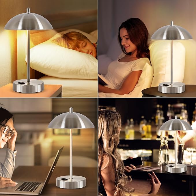 Modern Desk Lamp with AC Adapter,12" 3-Way Dimmable Touch Bedside Reading Lamp, Minimalist Silver Small Nightstand Table Lamp with Mushroom Dome Shade for Bedroom Living Room Office, LED Bulb Included